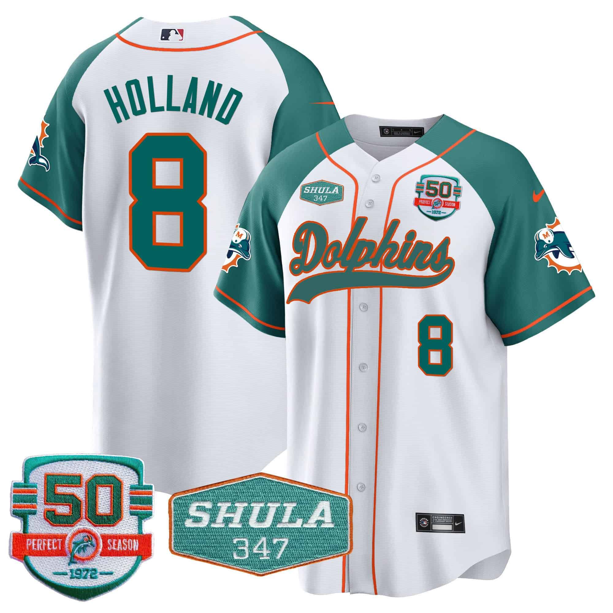 Men Miami Dolphins #8 Holland White 2024 Nike 50th Don Shula Memorial Patch Baseball NFL Jersey style 1->customized nfl jersey->Custom Jersey